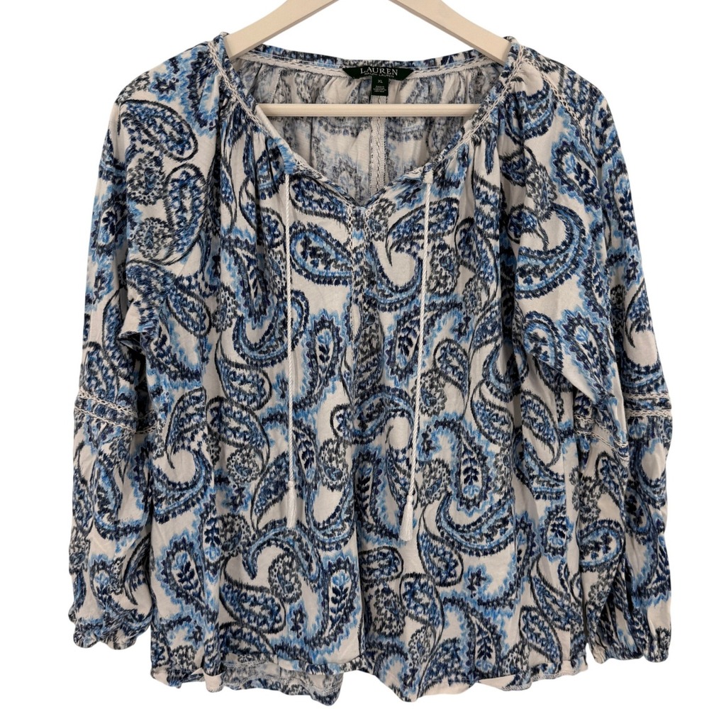 Lauren Ralph Lauren Women's Blue Paisley‎ Print Long Sleeve Peasant Blouse XL